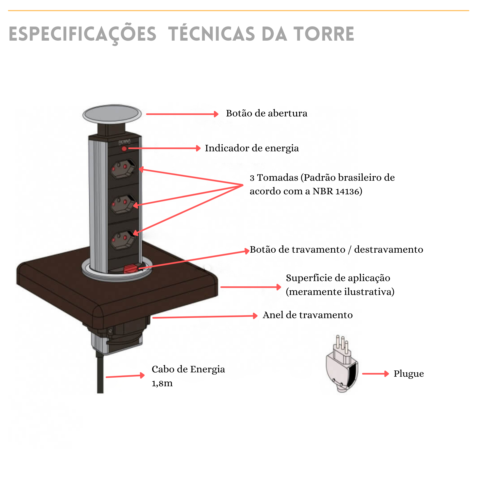 Torre Retrátil 3 Tomadas - Especificações